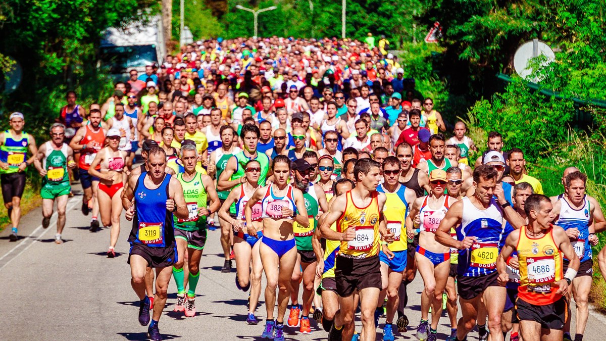 Corredores con dorsales participando en una carrera por carretera.