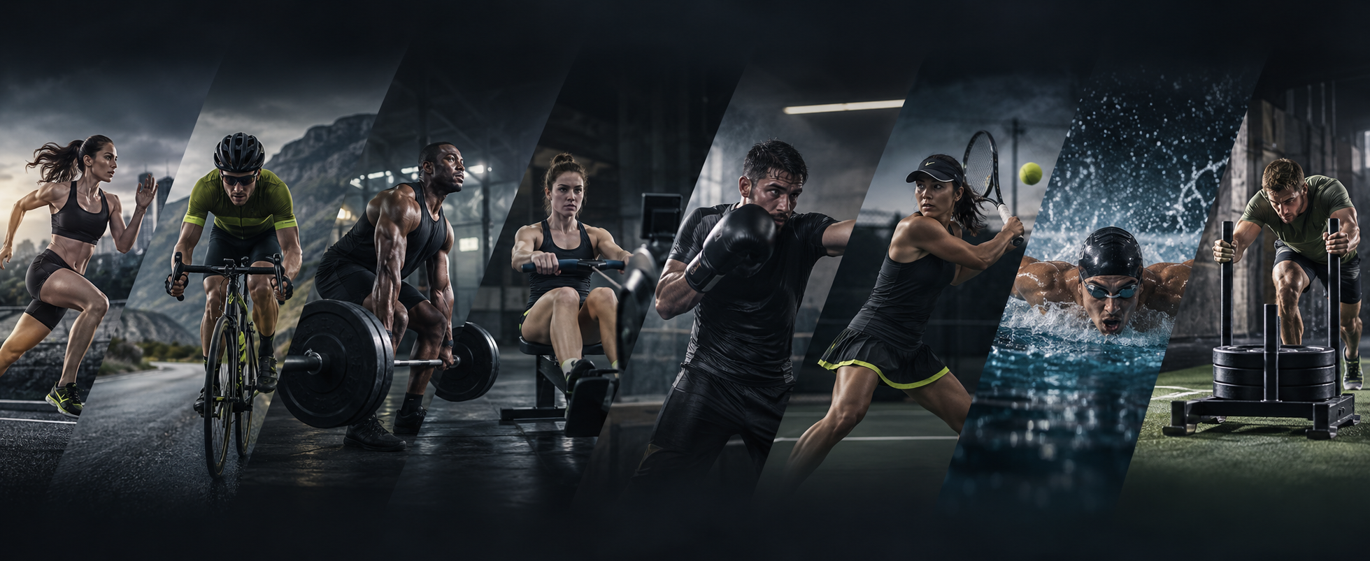 Collage de running, ciclismo, fuerza, remo, boxeo, tenis, natación y entrenamiento funcional · composición con IA